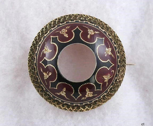 Superb Victorian 18K Gold Red Burgundy & Black Enamel Floral Wreath Pin c1850s