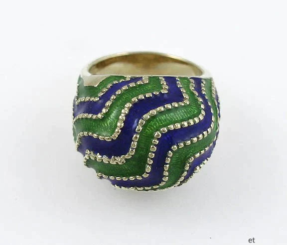 Striking Modern 14K Gold Blue & Green Enameled Wave Dome Ring Size 6