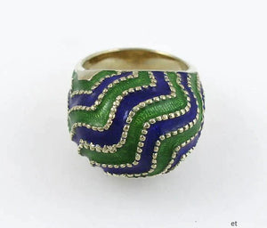 Striking Modern 14K Gold Blue & Green Enameled Wave Dome Ring Size 6
