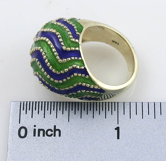 Striking Modern 14K Gold Blue & Green Enameled Wave Dome Ring Size 6