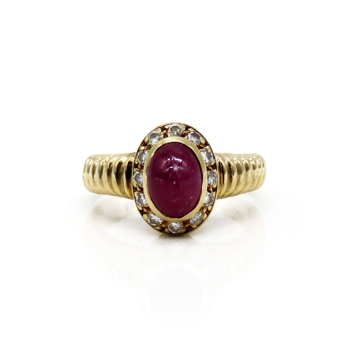 Elegant 14k Yellow Gold Ruby Cabochon Diamond Halo Ribbed Ring