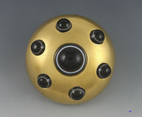Superb Victorian 18k Gold Striated Ox Eye Agate Brooch Pin