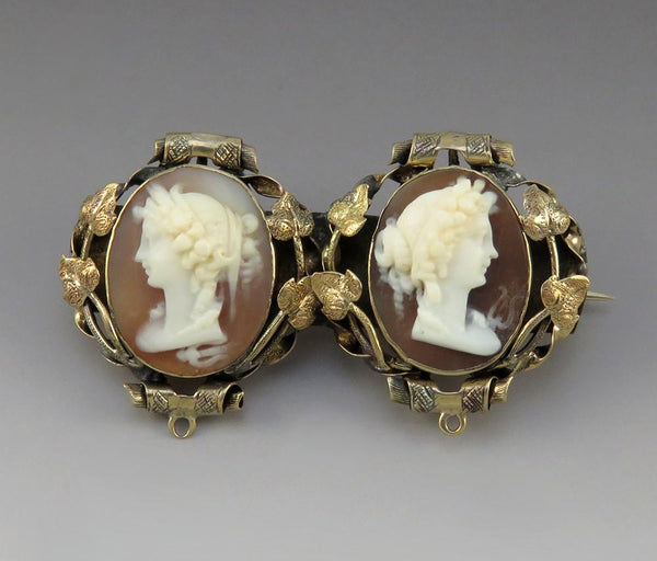 Gorgeous c1870s Victorian 14k Gold Carved Double Cameo Muses Women Brooch Pin