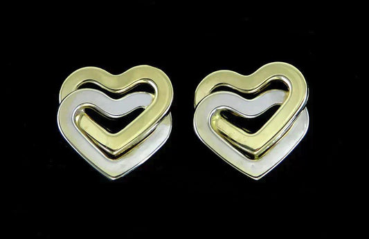 Modern Italian 14K Yellow & White Gold Double Heart Love Earrings Omega Backs