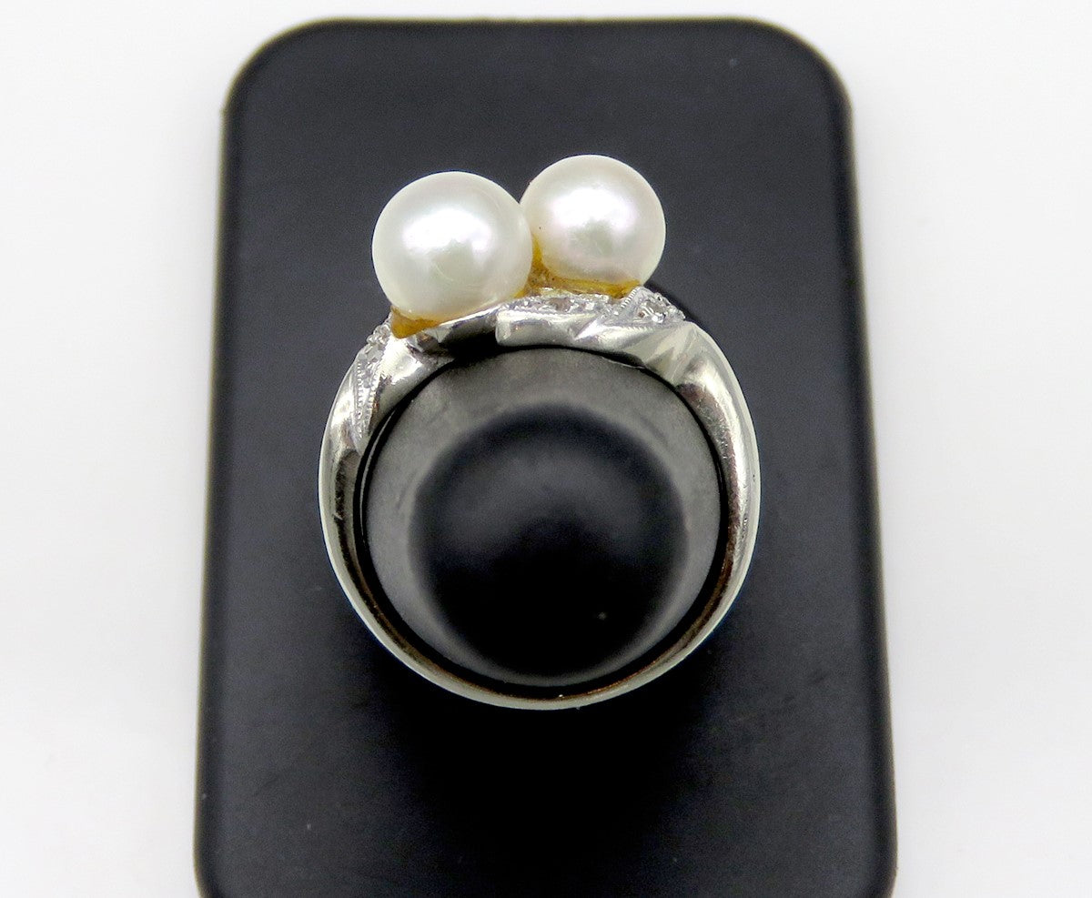 Vintage 14K White Gold Pearl Accent Diamond Bypass Style Ring Size 5.25