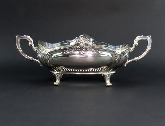 Impressive Antique German 800 Silver Glass Lined Double Handle Centerpiece Bowl