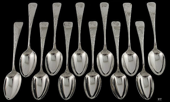 12 Antique Gorham Carnation 1894 Sterling Silver Teaspoons 5 7/8" H Mono