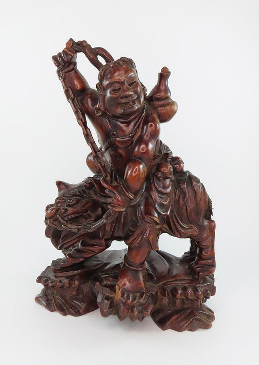 Rare 20th C Chinese Wood Carved Statue Daoist Immortal Liu Haichan w Fu Lion