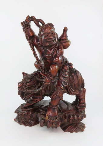 Rare 20th C Chinese Wood Carved Statue Daoist Immortal Liu Haichan w Fu Lion