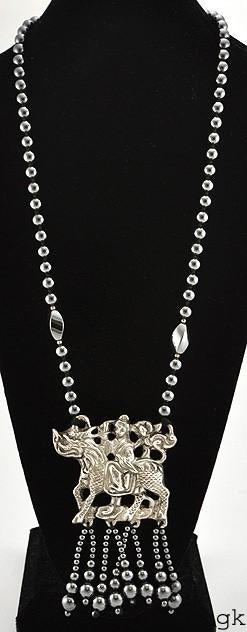 Long Genuine Hematite Beaded Necklace w/Silver Plated Pendant and Tassel