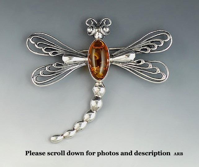 Stunning Sterling Silver and Bezel Set Amber Dragonfly Damselfly Pin Brooch