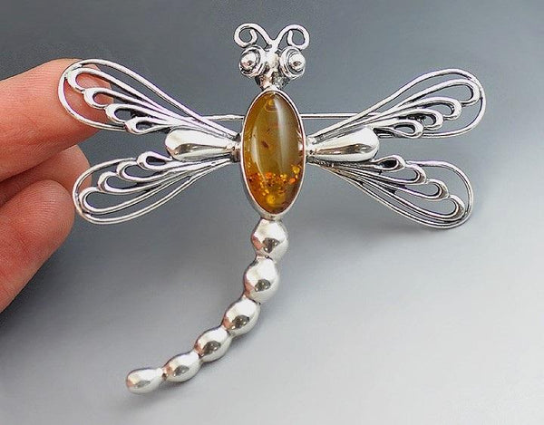 Stunning Sterling Silver and Bezel Set Amber Dragonfly Damselfly Pin Brooch