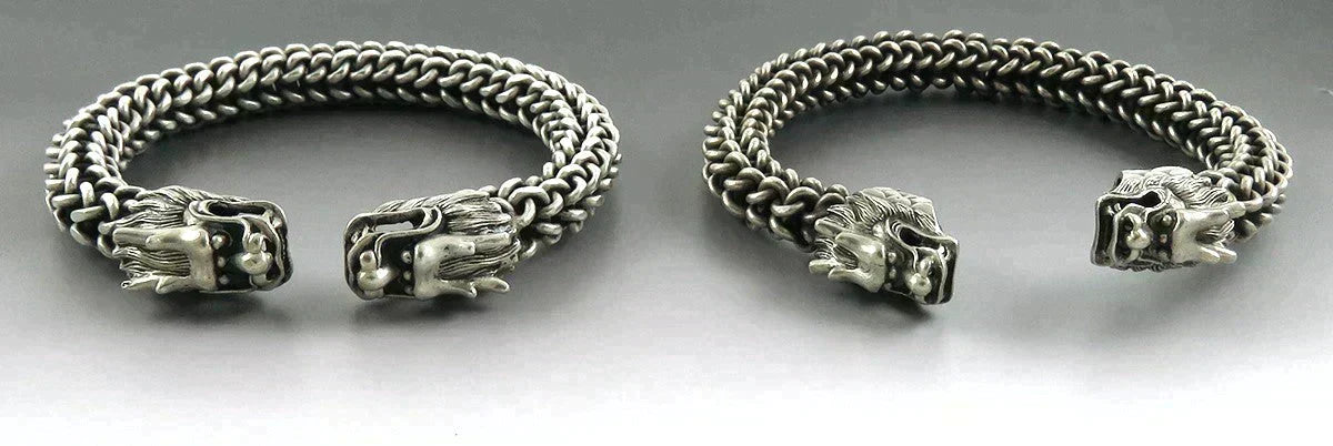 Neat Pair VTG Double Dragon Asian Torc Cuff Adjustable Bracelets