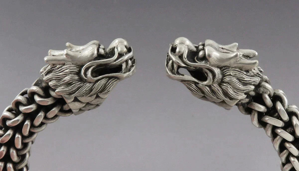 Neat Pair VTG Double Dragon Asian Torc Cuff Adjustable Bracelets