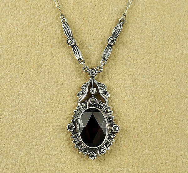 Vintage Brown Smoky Quartz Marcasite Pendant and Chain Ornate Setting 935 Silver