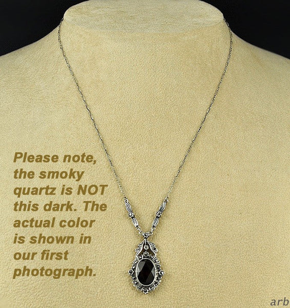 Vintage Brown Smoky Quartz Marcasite Pendant and Chain Ornate Setting 935 Silver