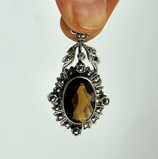 Vintage Brown Smoky Quartz Marcasite Pendant and Chain Ornate Setting 935 Silver