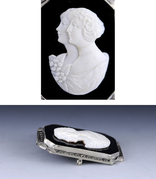 14k White Gold Filigree Black & White Cameo of Sisters Two Women Pin Brooch