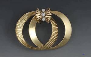 Retro 14k Yellow Gold Brilliant Diamond Double Loop Pin 1950s Brooch