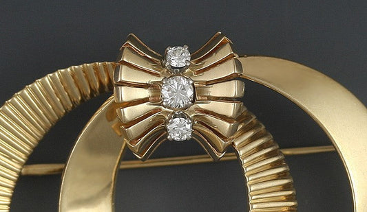 Retro 14k Yellow Gold Brilliant Diamond Double Loop Pin 1950s Brooch