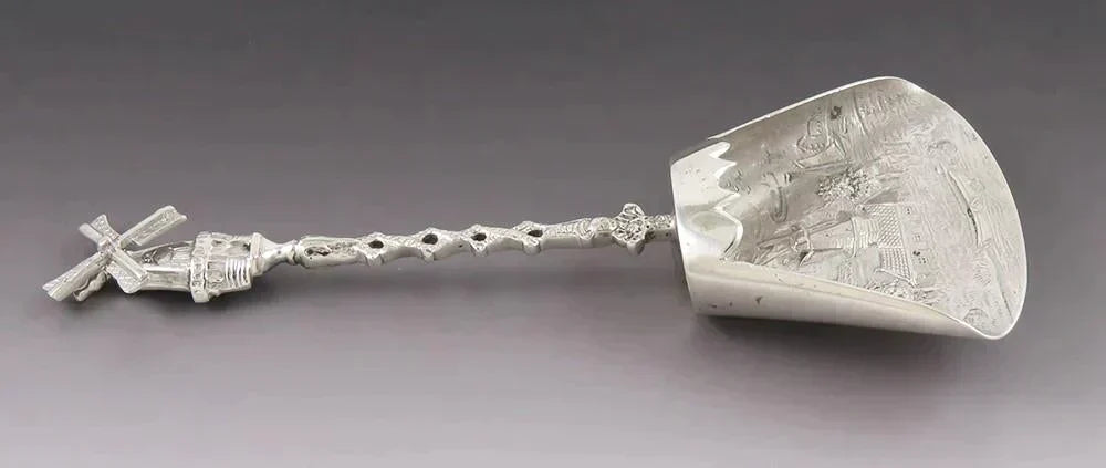 Antique 1907 Dutch Silver Pastural Scene Moving Windmill Tea Scoop Spoon
