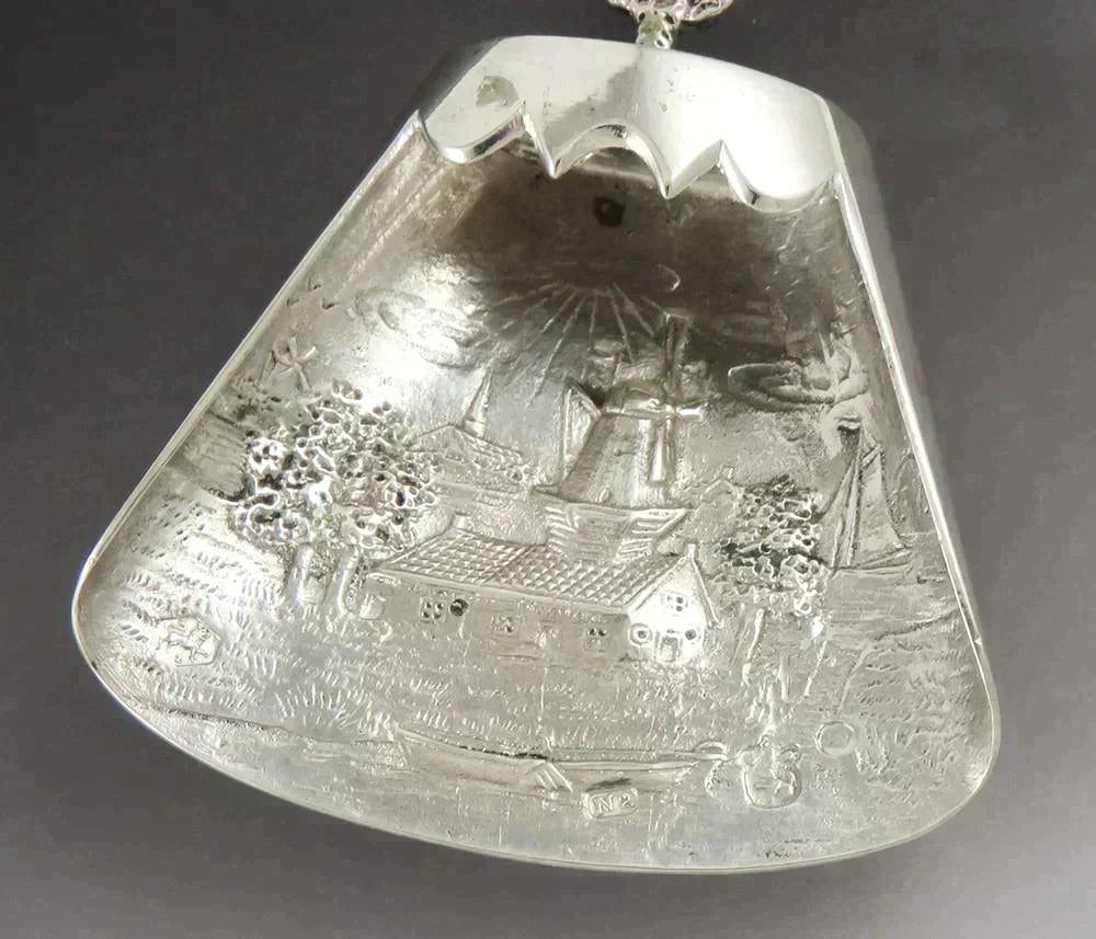 Antique 1907 Dutch Silver Pastural Scene Moving Windmill Tea Scoop Spoon