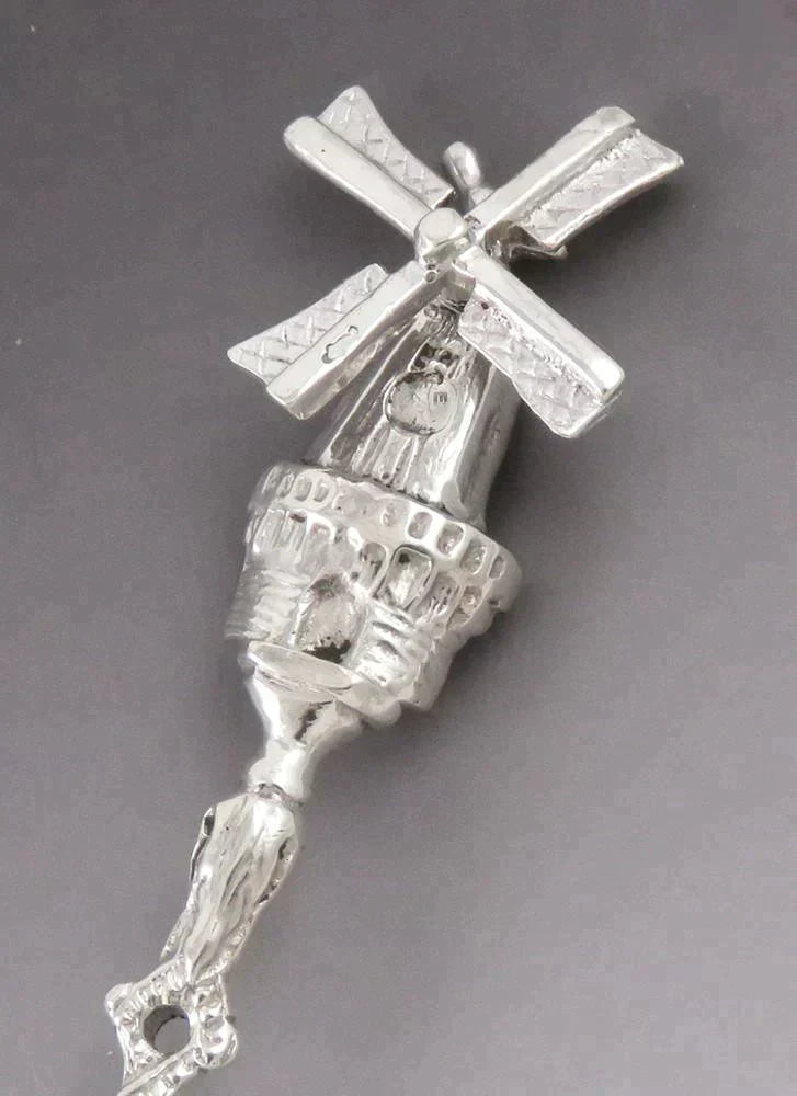 Antique 1907 Dutch Silver Pastural Scene Moving Windmill Tea Scoop Spoon