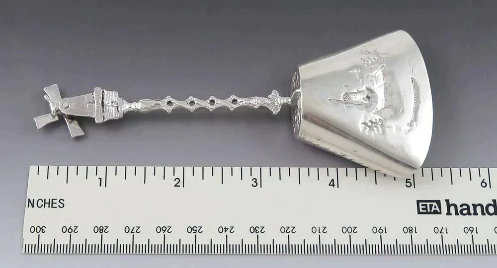 Antique 1907 Dutch Silver Pastural Scene Moving Windmill Tea Scoop Spoon