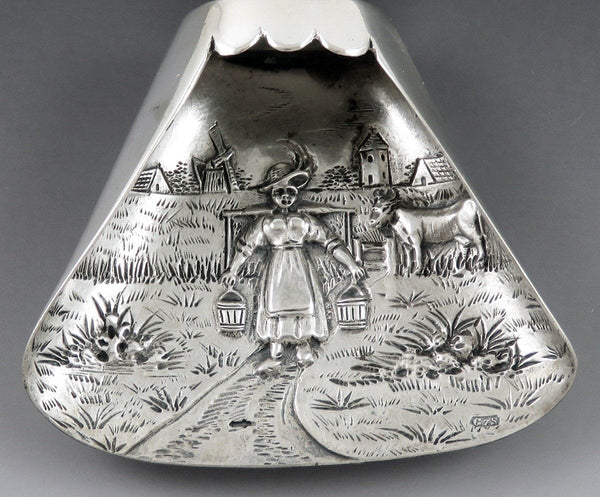 Antique c1890s Dutch 833 Silver Windmill Milkmaid Farm Scene Tea Caddy Scoop