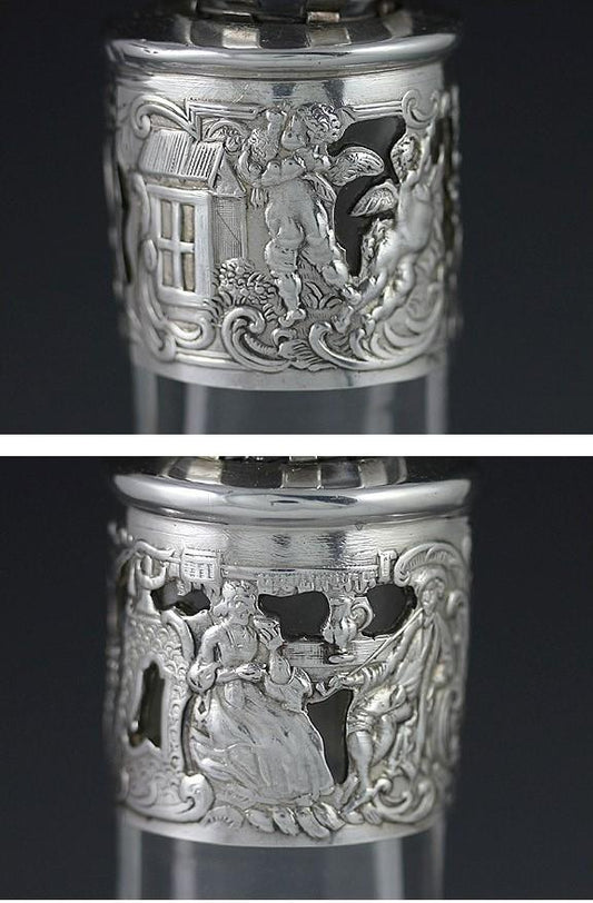 Quality 1890s German Decanter w/ Fancy Silver Overlay