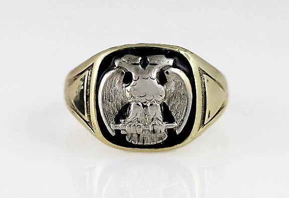 Heavy Masonic 14K 2-Tone Gold Enamel Double Headed Eagle Ring