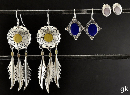 3 Pairs Mexican Sterling Silver Earrings MOP Shell Stone Feather Handmade