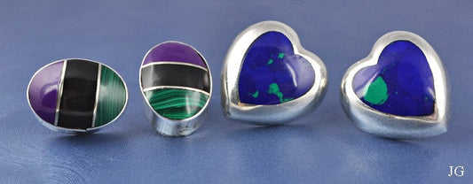 2 Pairs Mexican Sterling Silver Genuine Stone Earrings Heart Oval Studs
