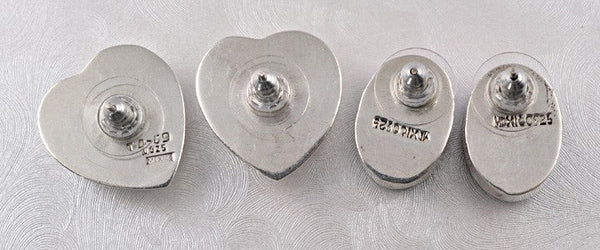 2 Pairs Mexican Sterling Silver Genuine Stone Earrings Heart Oval Studs