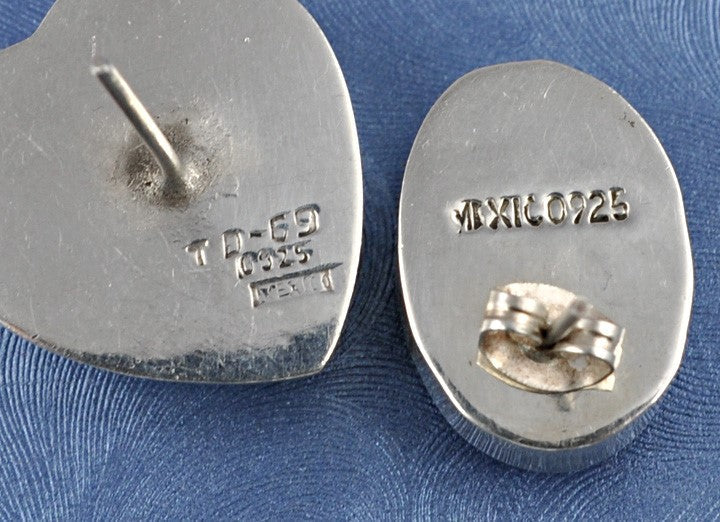 2 Pairs Mexican Sterling Silver Genuine Stone Earrings Heart Oval Studs