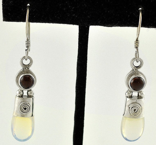 Great Pair Sterling Silver Genuine Garnet, Faux Moonstone/Glass Earrings Pierce