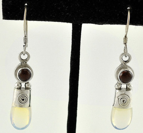 Great Pair Sterling Silver Genuine Garnet, Faux Moonstone/Glass Earrings Pierce