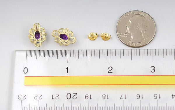 Pretty 14k Yellow Gold Filigree and Real Purple Amethyst Pierced Earrings