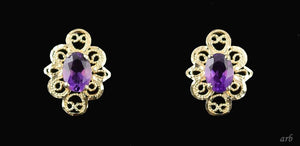 Pretty 14k Yellow Gold Filigree and Real Purple Amethyst Pierced Earrings