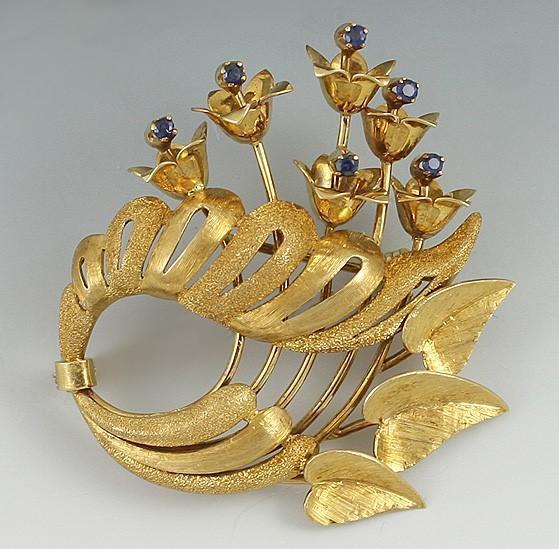 Italian 18K Yellow Gold & Sapphire Pin and Earrings Set