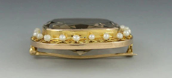 Wonderful Vintage 14k Gold Smoky Quartz Pearl Brooch Pin