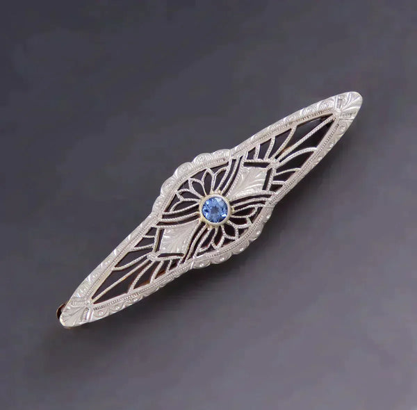 Antique Art Deco Platinum 14K Yellow Gold Sapphire Gemstone Pin or Brooch