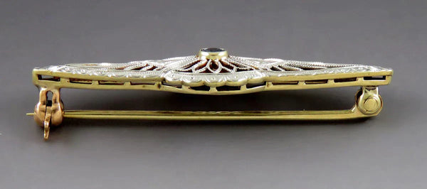 Antique Art Deco Platinum 14K Yellow Gold Sapphire Gemstone Pin or Brooch