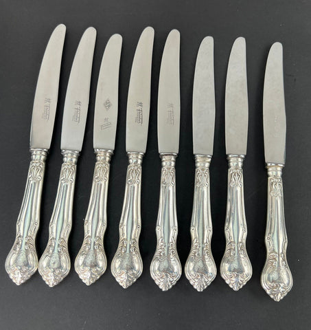 Set 8 c1860 Sterling Silver Handle Victoria Dinner Knives w Armorial Crest