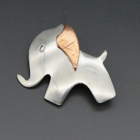 Unique Artisan Mexican Sterling Silver Copper Mixed Metal Elephant Pin Brooch