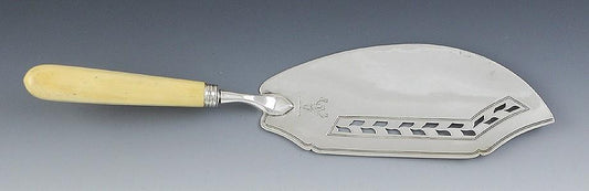 Fine English Sterling Silver Elk Crest Fish Server 1802 with Hand Carved Handle