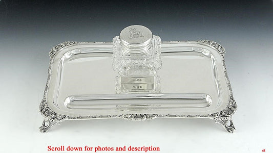 Fine 1912 English Sterling & Cut Glass Acanthus Leaf Inkwell Stand