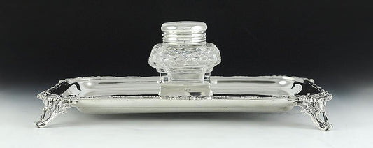Fine 1912 English Sterling & Cut Glass Acanthus Leaf Inkwell Stand