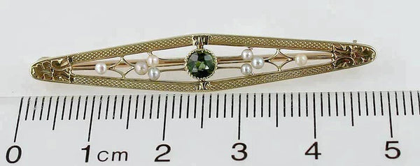 Lovely American 14K Gold Green Tourmaline Pearl Bar Pin Brooch