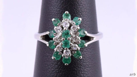 Modern American 14k White gold, Diamond, and Clustered Emerald Ring, Sz 4.25